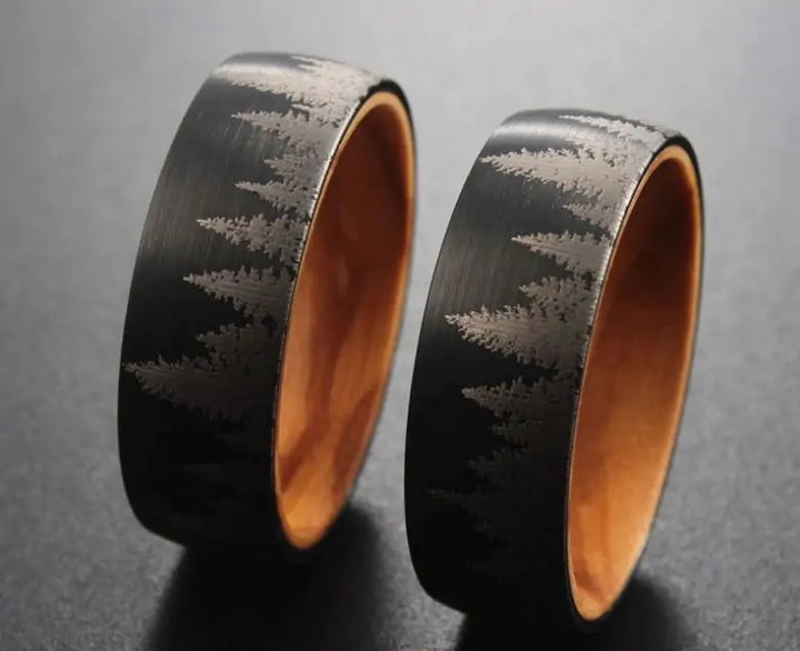 Black Etched Tree Line Wood and Tungsten Ring - GlimmaStyle