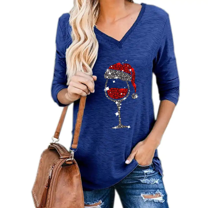 Christmas Wine Glass Print Blouse - GlimmaStyle