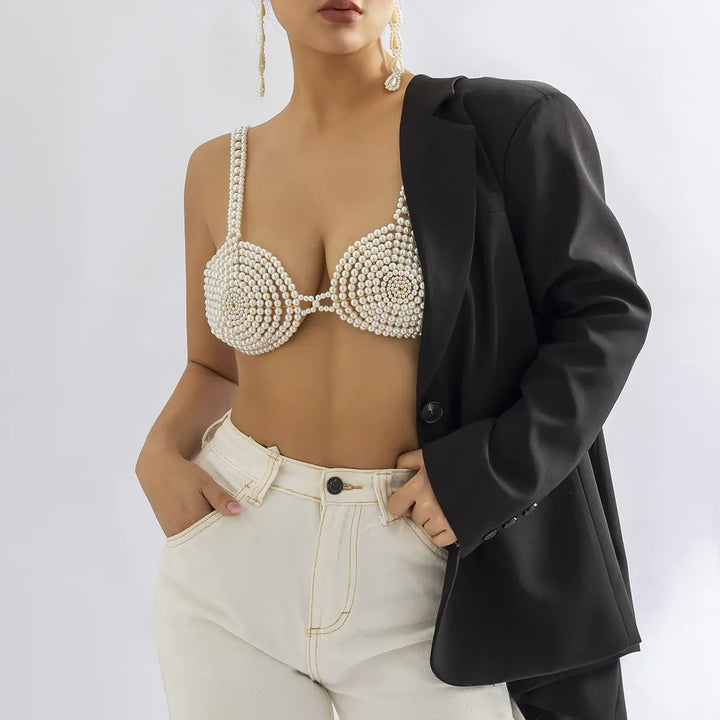 White Beaded Pearl Corset Bra - GlimmaStyle