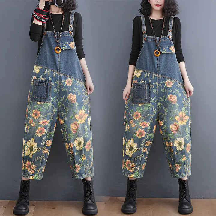 Patchwork Floral Denim Jumpsuit - GlimmaStyle