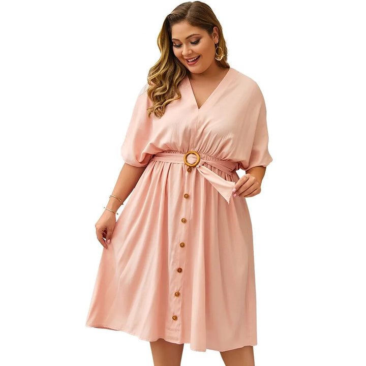 Plus Size Dress Full Sleeve V Neck - GlimmaStyle