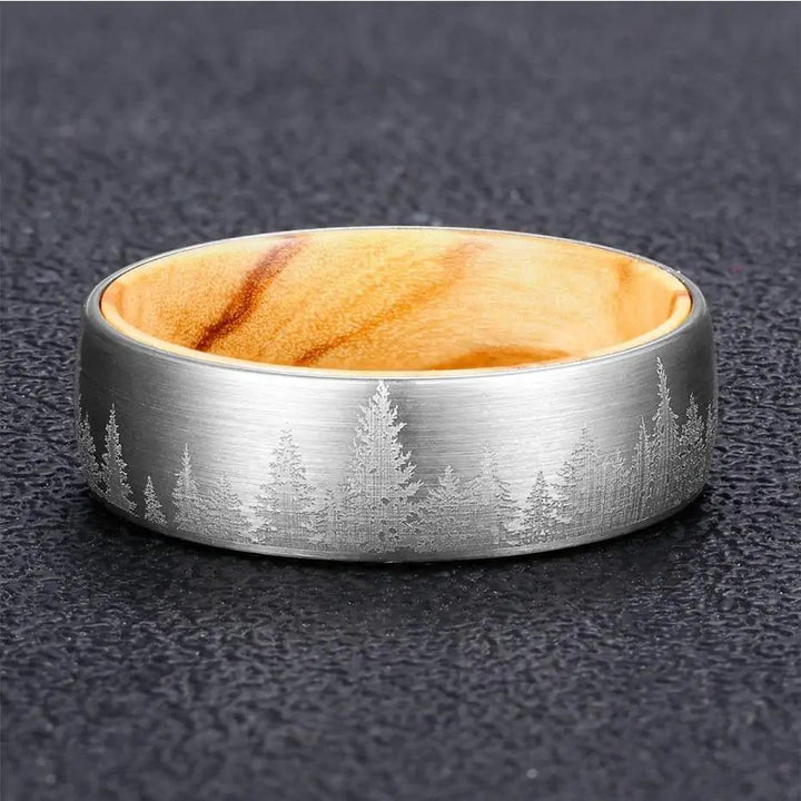 Silver Etched Tree Line and Olive Wood Tungsten Ring - GlimmaStyle