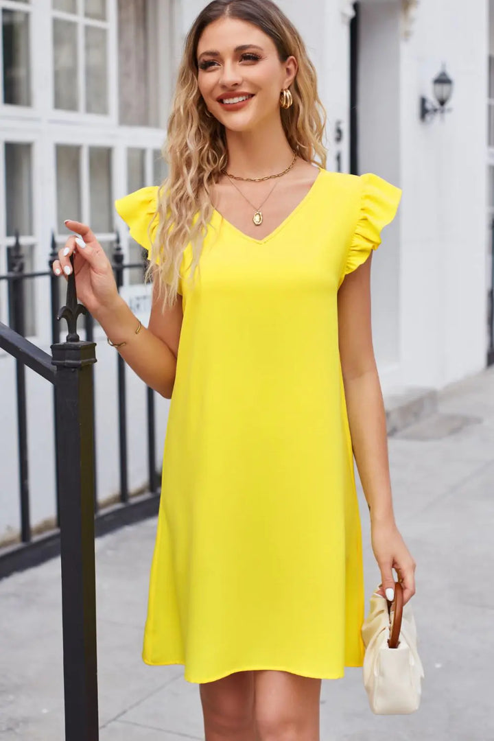 Ruffled V-Neck Flutter Sleeve Dress - GlimmaStyle