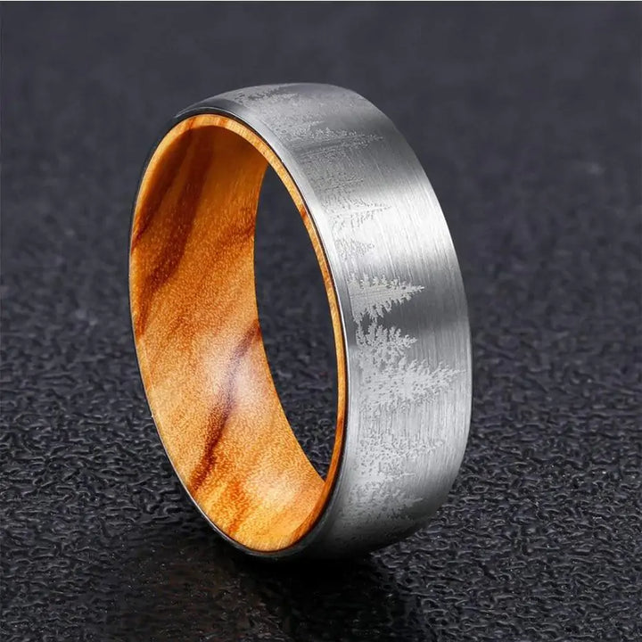 Silver Etched Tree Line and Olive Wood Tungsten Ring - GlimmaStyle