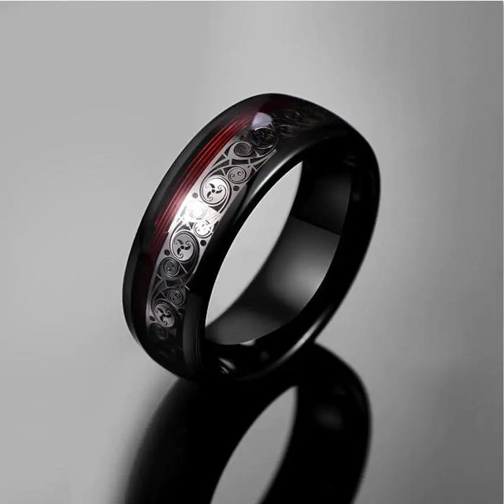 Spiral Motif and Red Guitar String Tungsten Ring - GlimmaStyle