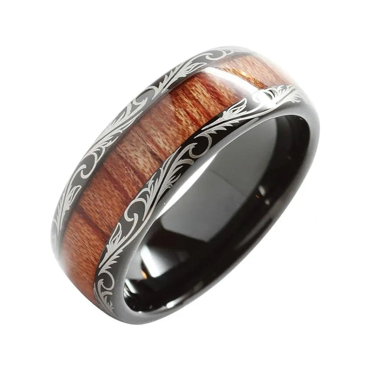 Black Leaf Motif Koa Wood Tungsten Ring - GlimmaStyle