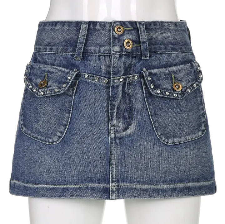 Vintage Diamond Denim Mini Skirt - GlimmaStyle