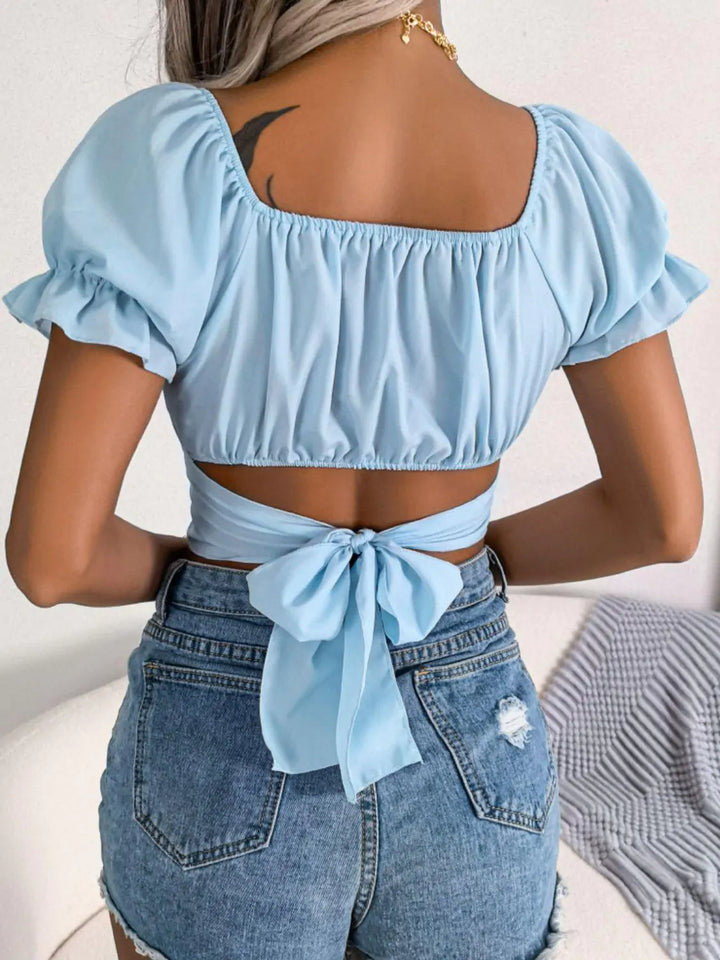 Square Neck Crisscross Flounce Sleeve Cropped Top - GlimmaStyle