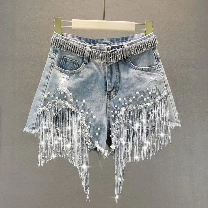 Tassel Beading Denim Short - GlimmaStyle