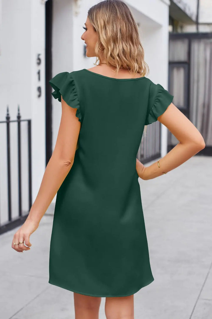 Ruffled V-Neck Flutter Sleeve Dress - GlimmaStyle