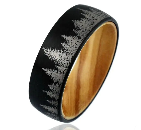 Black Etched Tree Line Wood and Tungsten Ring - GlimmaStyle