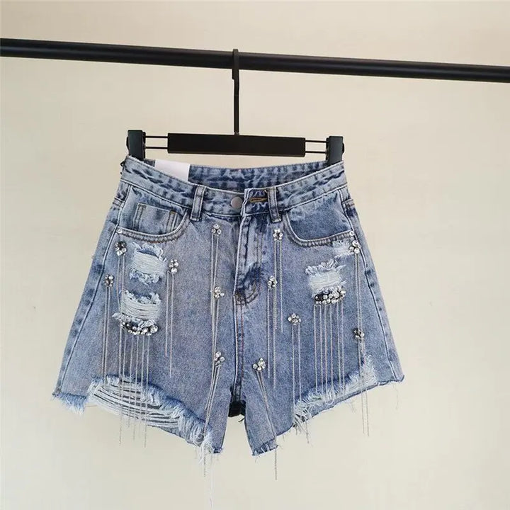 Tassel Rhinestone Denim Shorts - GlimmaStyle