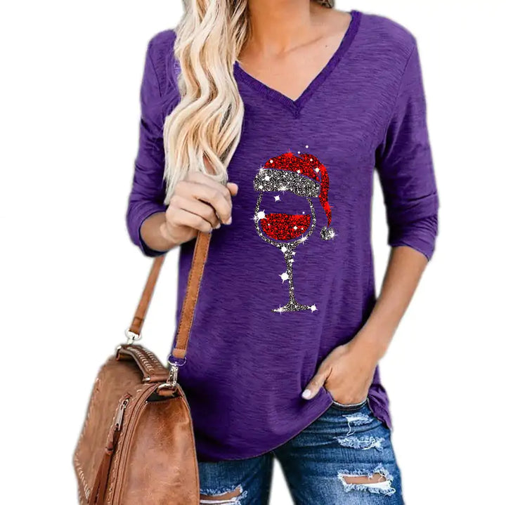 Christmas Wine Glass Print Blouse - GlimmaStyle