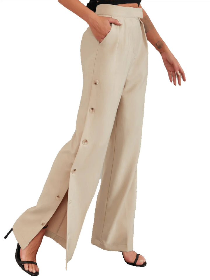 Side Button Pleated Wide Leg Pants - GlimmaStyle