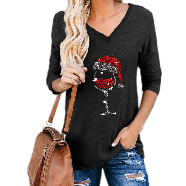 Christmas Wine Glass Print Blouse - GlimmaStyle