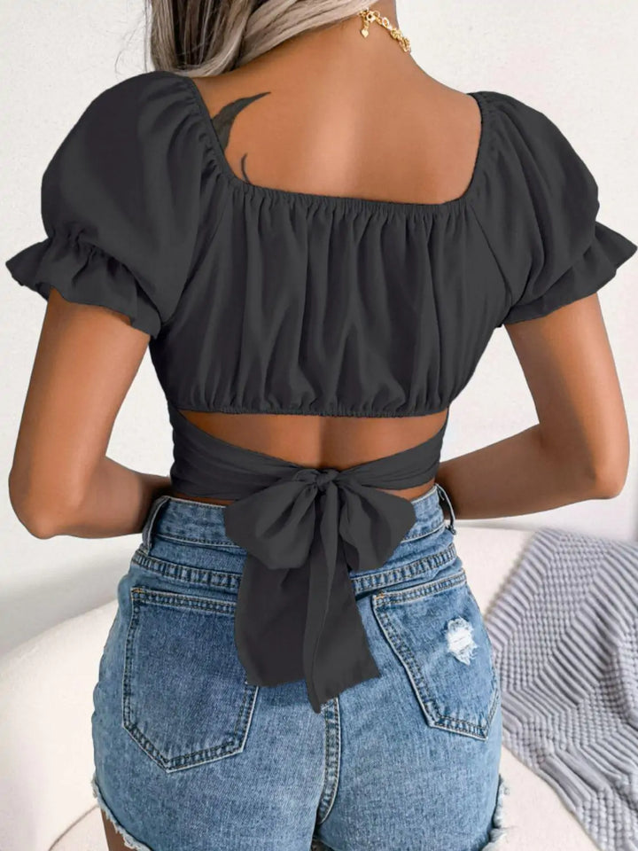 Square Neck Crisscross Flounce Sleeve Cropped Top - GlimmaStyle