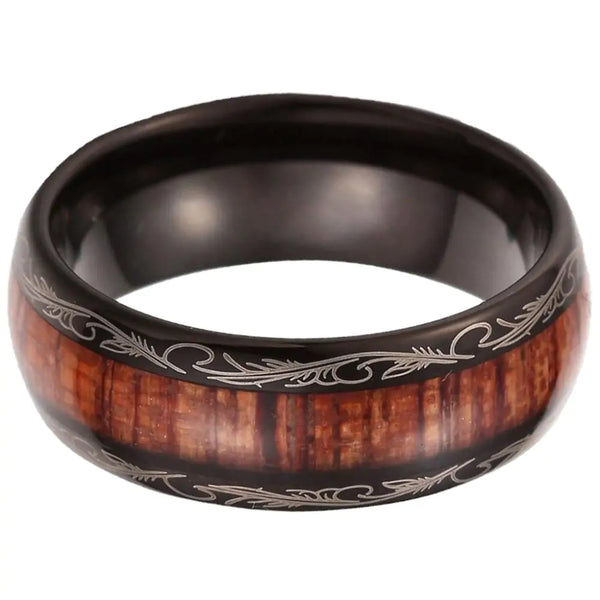 Black Leaf Motif Koa Wood Tungsten Ring - GlimmaStyle