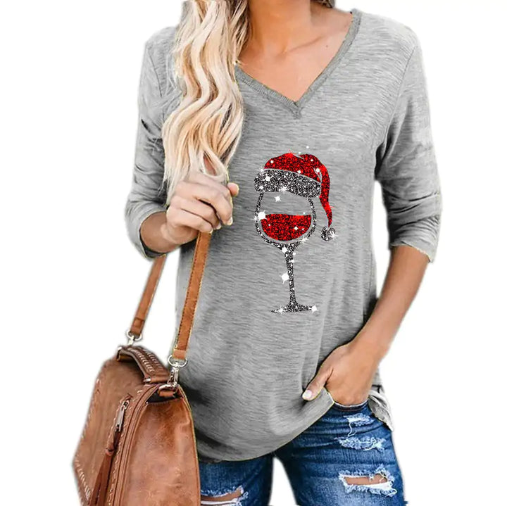 Christmas Wine Glass Print Blouse - GlimmaStyle