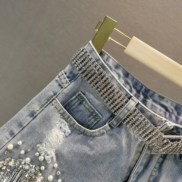 Tassel Beading Denim Short - GlimmaStyle