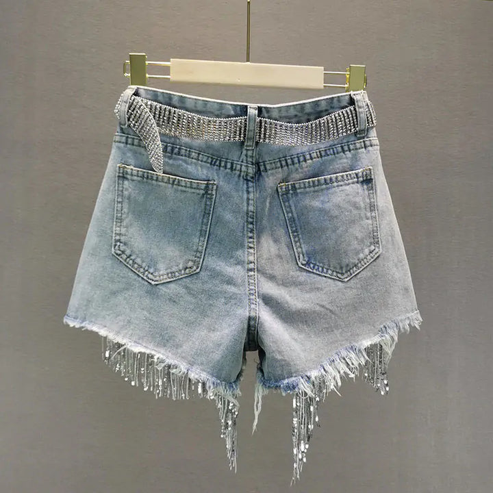 Tassel Beading Denim Short - GlimmaStyle