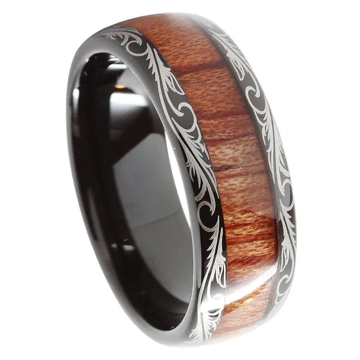 Black Leaf Motif Koa Wood Tungsten Ring - GlimmaStyle