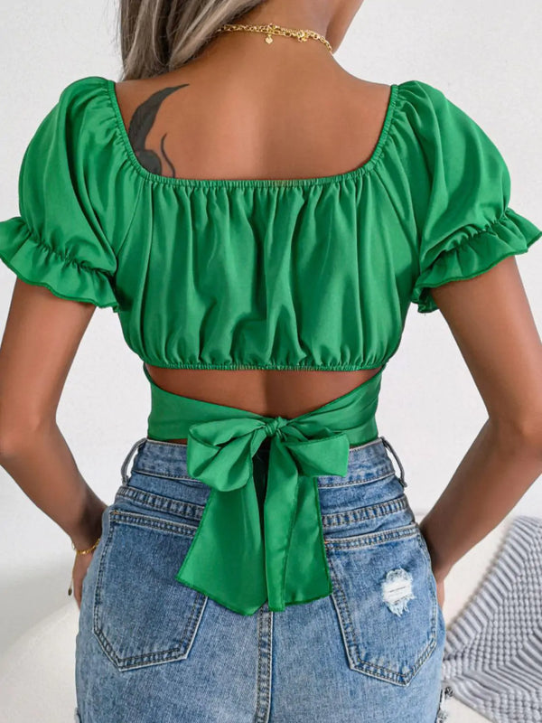 Square Neck Crisscross Flounce Sleeve Cropped Top - GlimmaStyle