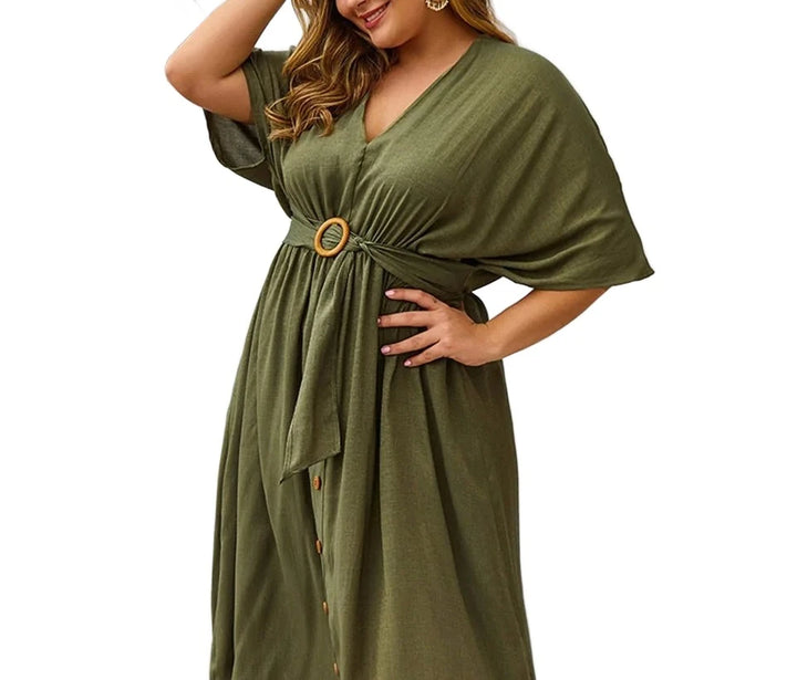 Plus Size Dress Full Sleeve V Neck - GlimmaStyle