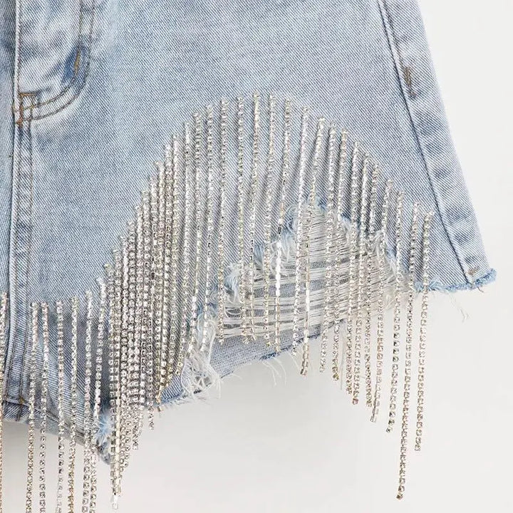 Tassel Rhinestone Denim Shorts - GlimmaStyle