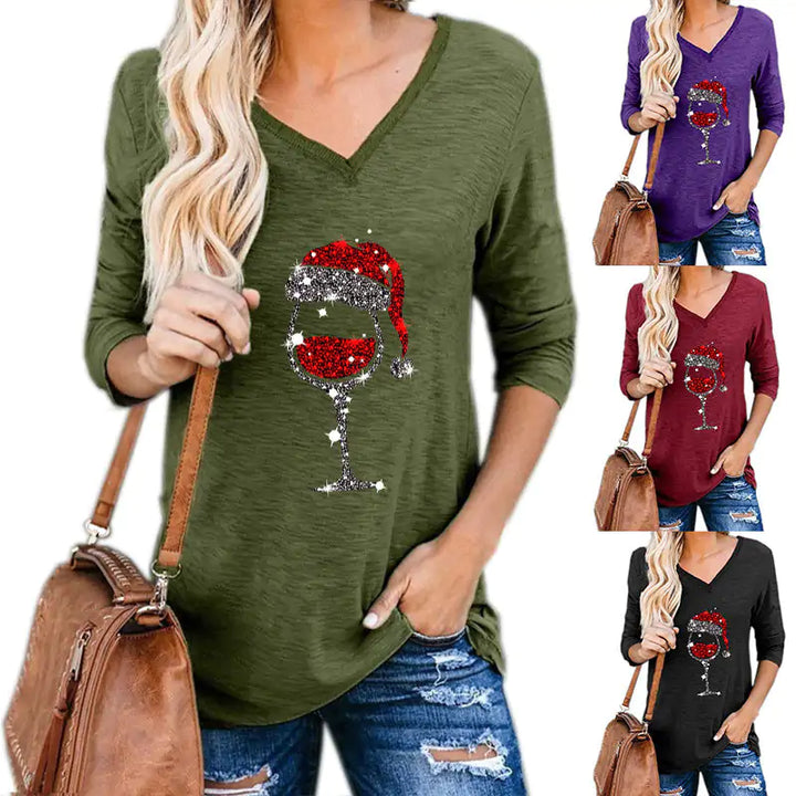 Christmas Wine Glass Print Blouse - GlimmaStyle