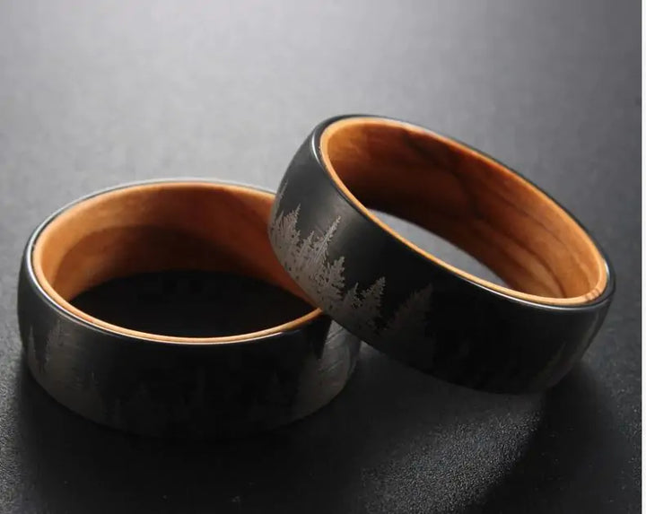 Black Etched Tree Line Wood and Tungsten Ring - GlimmaStyle