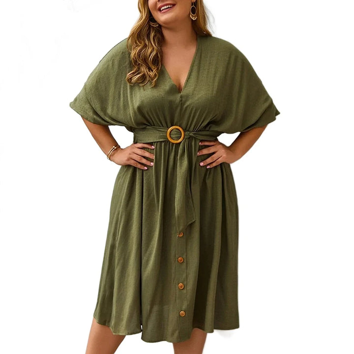 Plus Size Dress Full Sleeve V Neck - GlimmaStyle