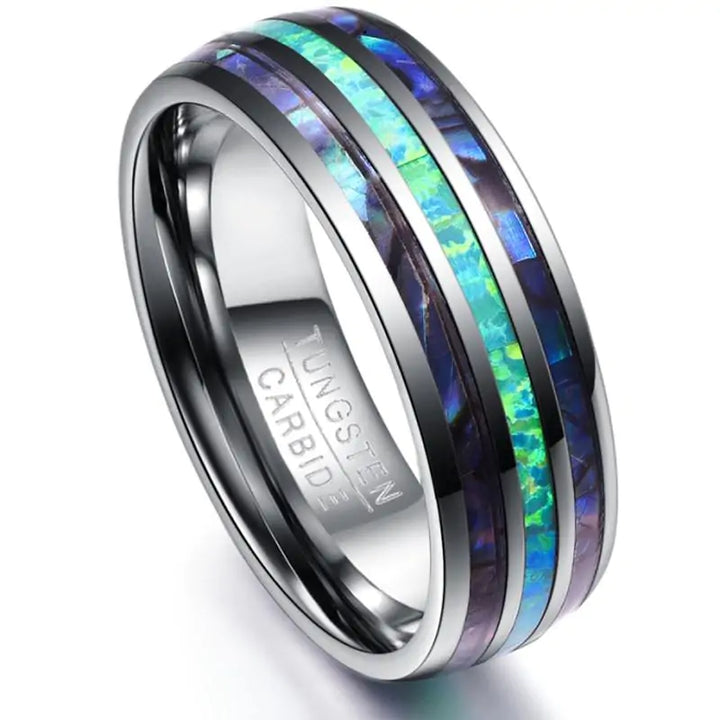 Blue Faux Opal Shell Inlay Tungsten Carbide Ring - GlimmaStyle