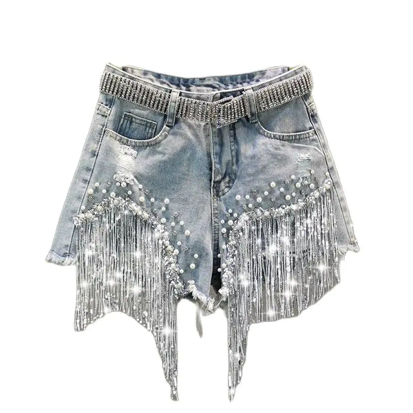 Tassel Beading Denim Short - GlimmaStyle