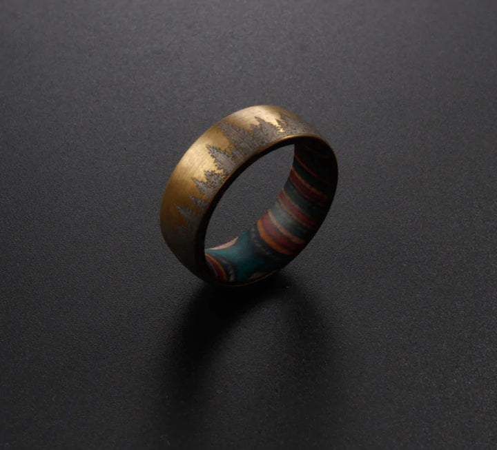 Bronze Etched Tree Line with Striped Wood Sleeve Tungsten Ring - GlimmaStyle