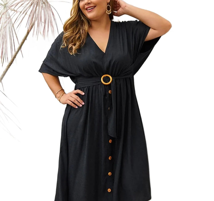 Plus Size Dress Full Sleeve V Neck - GlimmaStyle