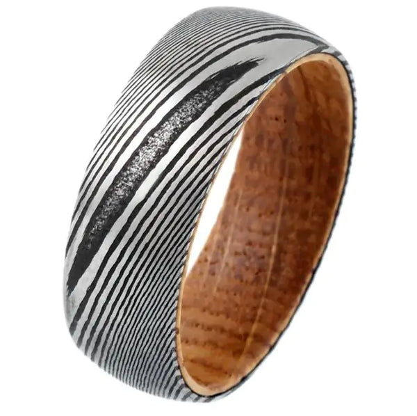 Wood Grain Damascus Steel and Whiskey Barrel Ring - GlimmaStyle