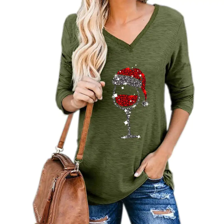 Christmas Wine Glass Print Blouse - GlimmaStyle